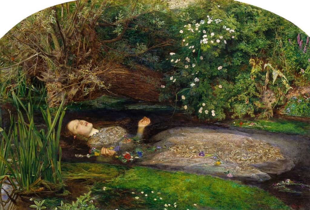An image of the Ophelia painting by John Everett Millais which depicts a girl drowning in a river, surrounded by flowers