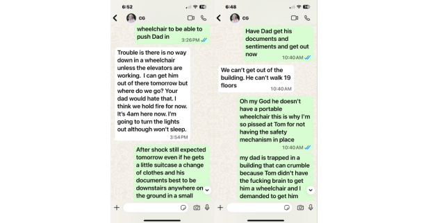 Screenshot of WhatsApp chats between Samantha Markle and Daily Mail editor Caroline Graham discussing Thomas Markle Sr. allegedly trapped during the Cebu earthquake, with mentions of a wheelchair and evacuation struggles.