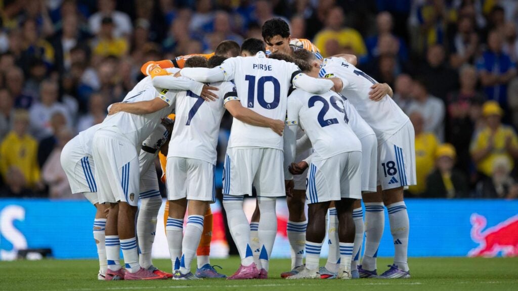 Leeds United players in a pre-match huddle