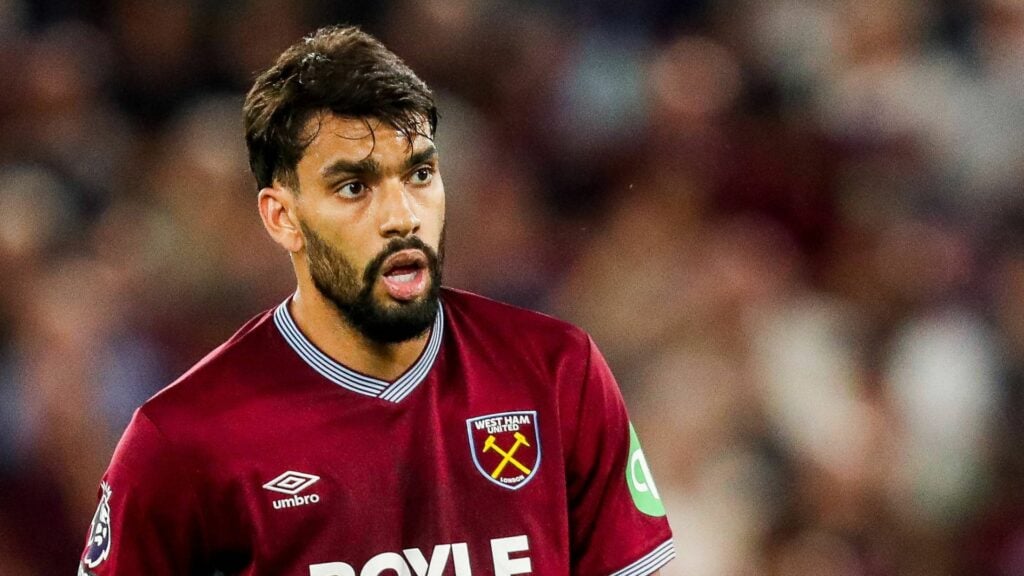 Lucas Paqueta playing for West Ham looking shocked