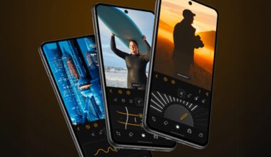Three smartphones with editing apps open, displaying vibrant photos: a cityscape, a surfer holding a board, and a person with a dog at sunset. Editing controls and adjustment sliders are visible on each screen.
