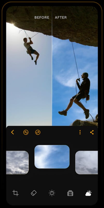 A phone screen shows a photo editing app with a split view: "Before" (left) has a climber silhouetted against a gray sky, "After" (right) shows the same climber against a blue sky. Editing tools are visible at the bottom.