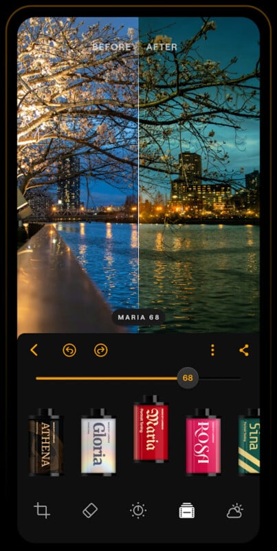 A phone screen displays a split photo of a riverside cityscape at dusk, showing "before" and "after" filter effects. Edit options and film-style filter icons appear at the bottom of the screen.