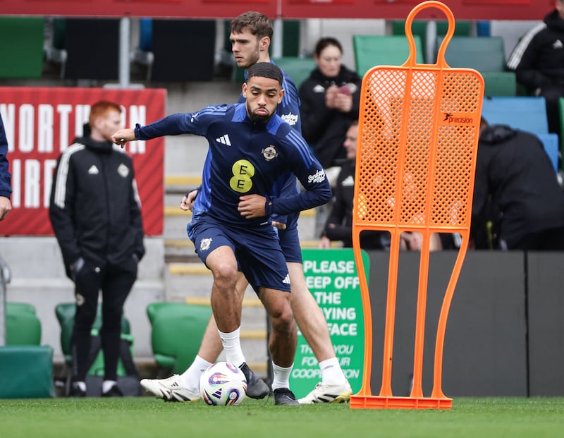 Northern Ireland’s Brodie Spencer during Sunday’s training session at the Clearer Twist Stadium at Windsor Park, ahead of Monday night’s FIFA World Cup qualifier against Germany.