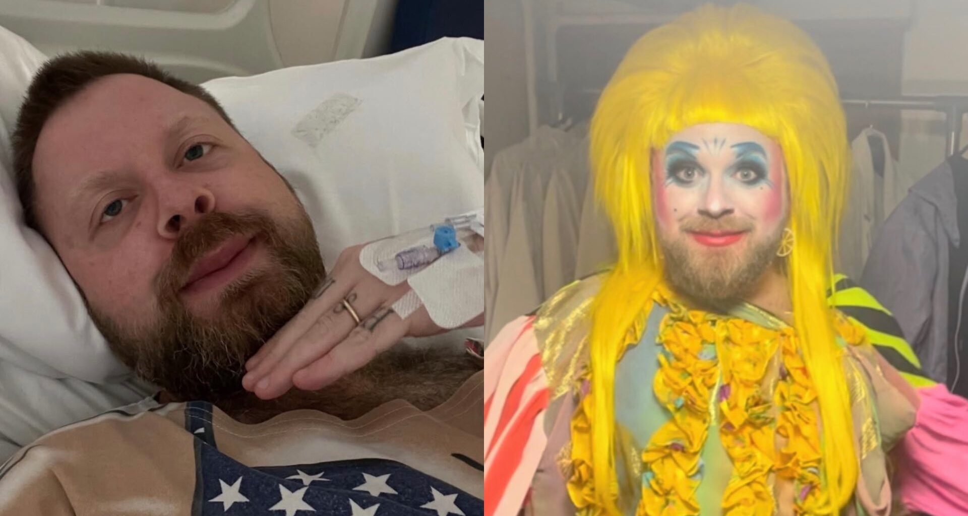 Ginny Lemon in hospital on the left and in drag on the right