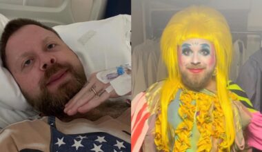Ginny Lemon in hospital on the left and in drag on the right