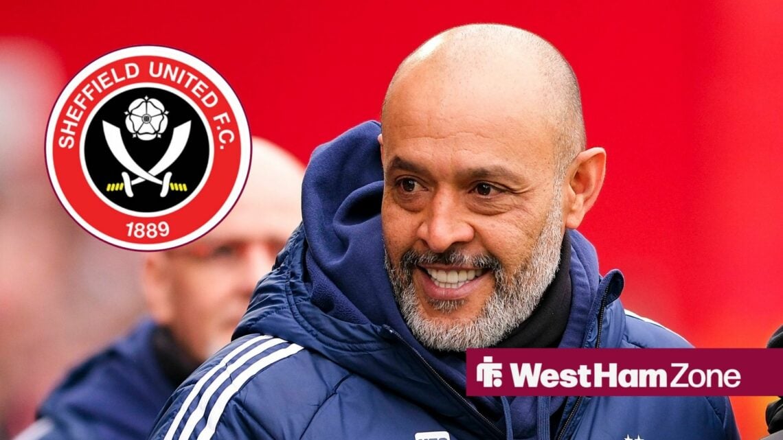 Nuno Espirito Santo similing at Sheffield United badge in circular inset