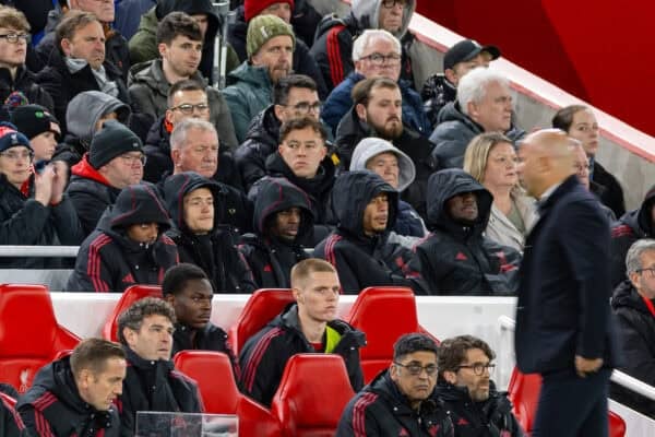 LIVERPOOL, ENGLAND - Wednesday, October 29, 2025: Liverpool's (L-R) Alexander Isak, Florian Wirtz, Jeremie Frimpong, Hugo Ekitike and Ibrahima Konaté watching on during the Football League Cup 4th Round match between Liverpool FC and Crystal Palace FC at Anfield. (Photo by David Rawcliffe/Propaganda)