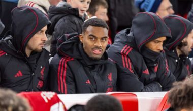 LIVERPOOL, ENGLAND - Wednesday, October 29, 2025: Liverpool's Ryan Gravenberch sat in the stand before the Football League Cup 4th Round match between Liverpool FC and Crystal Palace FC at Anfield. (Photo by David Rawcliffe/Propaganda)