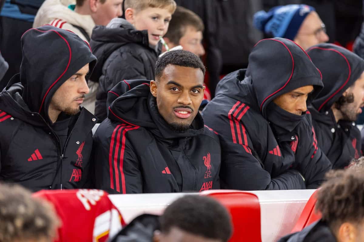 LIVERPOOL, ENGLAND - Wednesday, October 29, 2025: Liverpool's Ryan Gravenberch sat in the stand before the Football League Cup 4th Round match between Liverpool FC and Crystal Palace FC at Anfield. (Photo by David Rawcliffe/Propaganda)