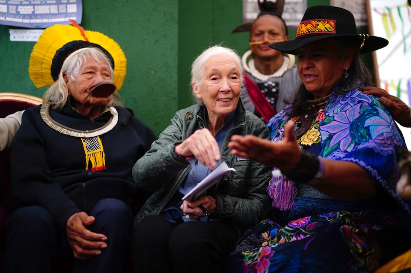 Dr Jane Goodall and chief Raoni Metuktire (left) at the Greenpeace stage during the Glastonbury Festival
