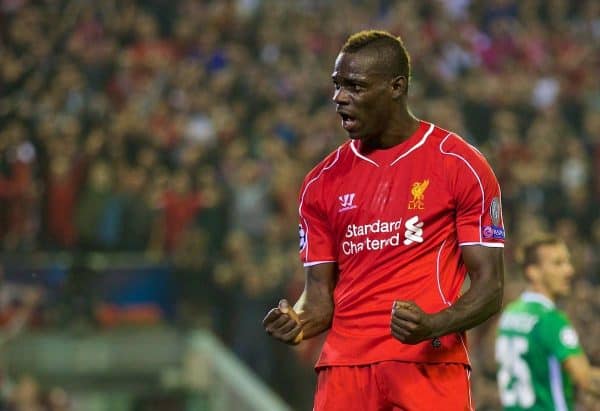 LIVERPOOL, ENGLAND - Tuesday, September 16, 2014: Liverpool's Mario Balotelli scores the first goal against PFC Ludogorets Razgrad during the UEFA Champions League Group B match at Anfield. (Pic by David Rawcliffe/Propaganda)