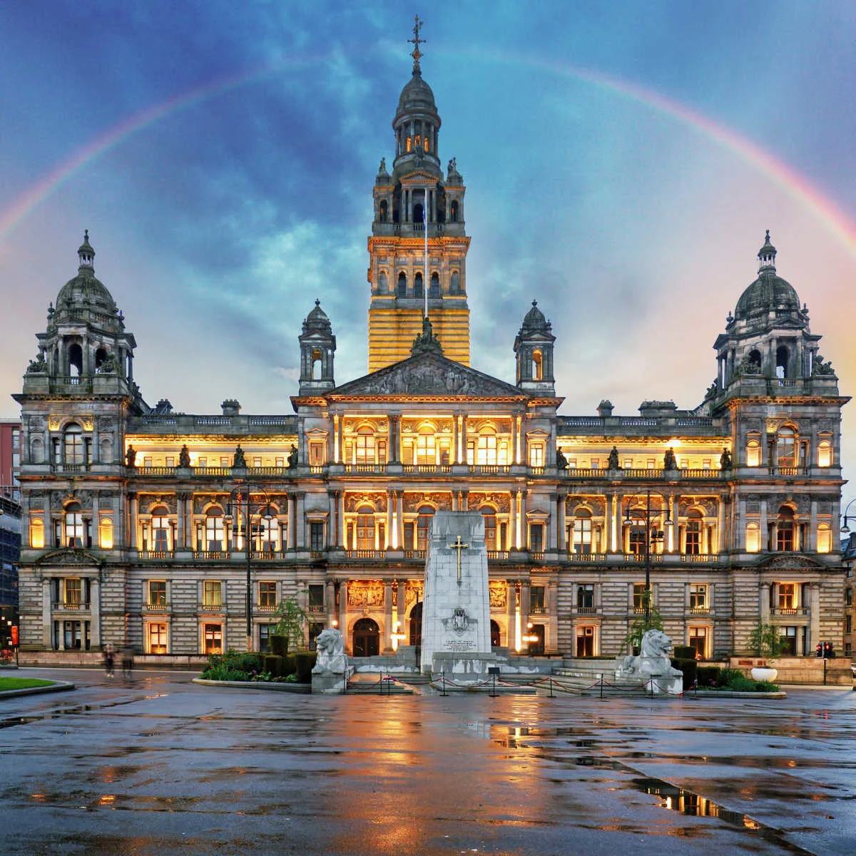 Rainbow over historic building in Glasgow
