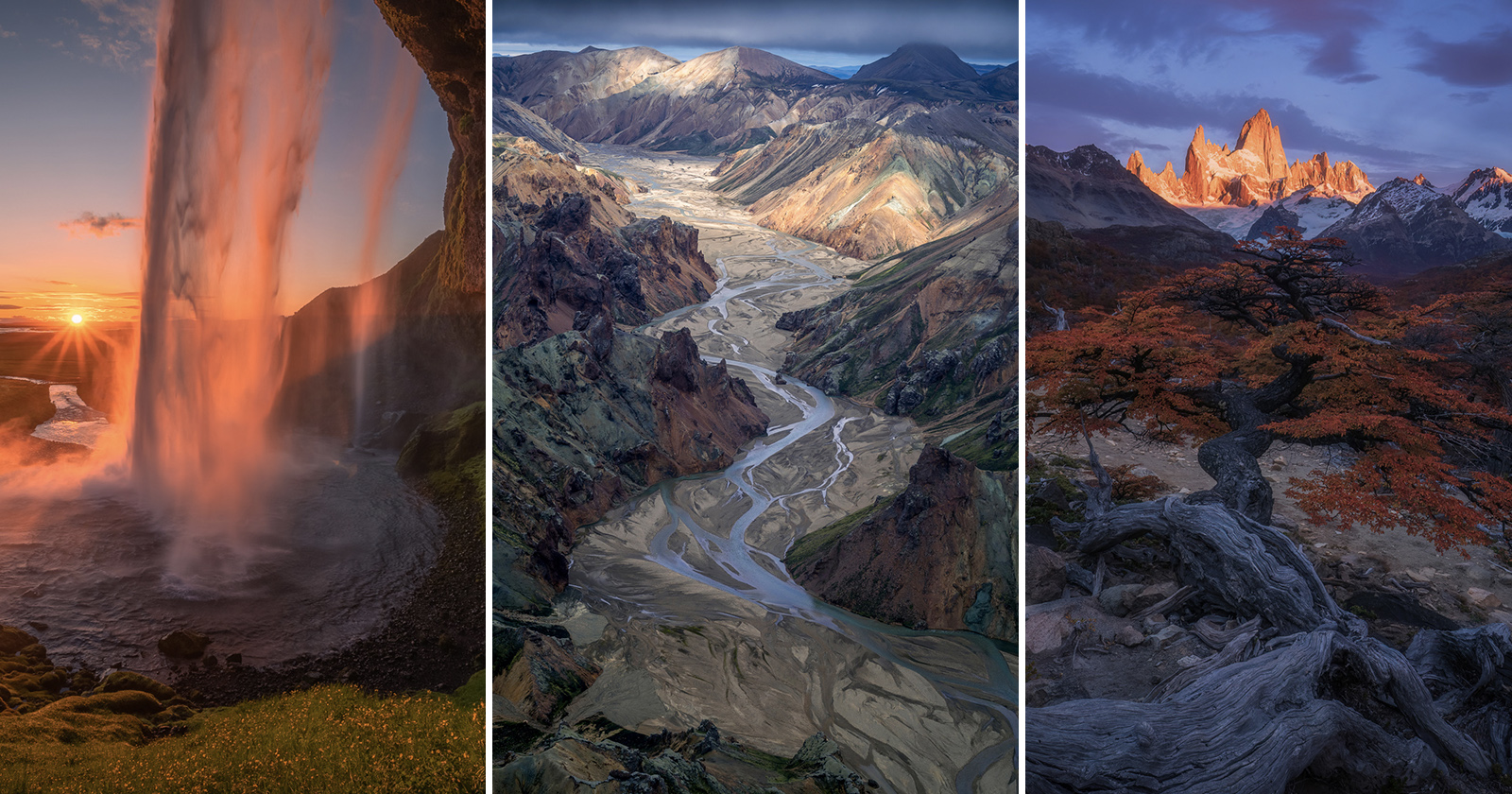 A triptych of landscapes: a waterfall at sunset, a winding river through colorful mountains, and a mountain peak with autumn trees at dusk.
