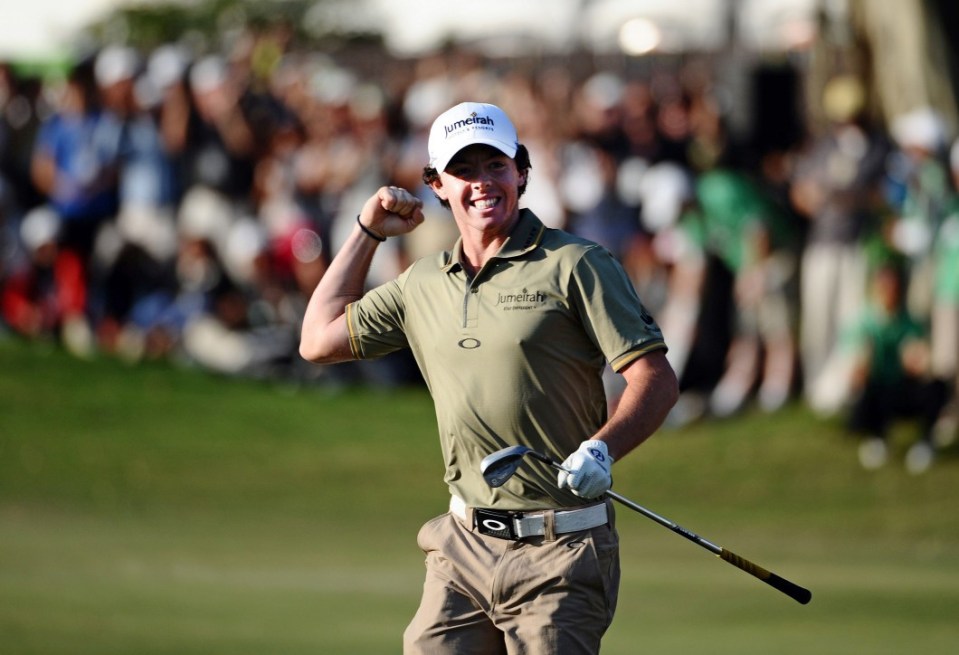 Rory McIlory of Northern Ireland celebrates his victory on the final hole during the final round of the UBS Hong Kong Open golf tournament at the Hong Kong Golf Club on December 4, 2011. World number two Rory McIlroy captured the 2.75 million USD UBS Hong Kong Open, ensuring the race for the European Tour's Order of Merit will go down to the last event of the season. AFP PHOTO / LAURENT FIEVET (Photo credit should read LAURENT FIEVET/AFP/Getty Images)