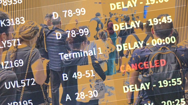 A collage of passengers waiting in an airport terminal, overlaid with a departure board with cancelled flights.