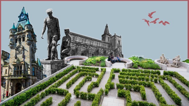 A collage of a maze, statues and a tall clock tower building in Dunfermline, Scotland.