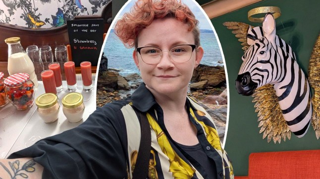Katie Boyden centred, surrounded by a zebra head mounted on a wall and a breakfast spread at The 25 B&B in Torquay.