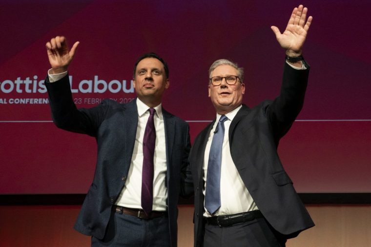 Prime Minister Sir Keir Starmer with Scottish Labour leader Anas Sarwar (left) after delivering his keynote speech during the Scottish Labour Party conference at the Scottish Exhibition Centre (SEC) in Glasgow. Picture date: Sunday February 23, 2025. PA Photo. See PA story POLITICS Labour. Photo credit should read: Jane Barlow/PA Wire