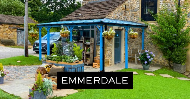 David's shop in Emmerdale, with the logo in front of it.