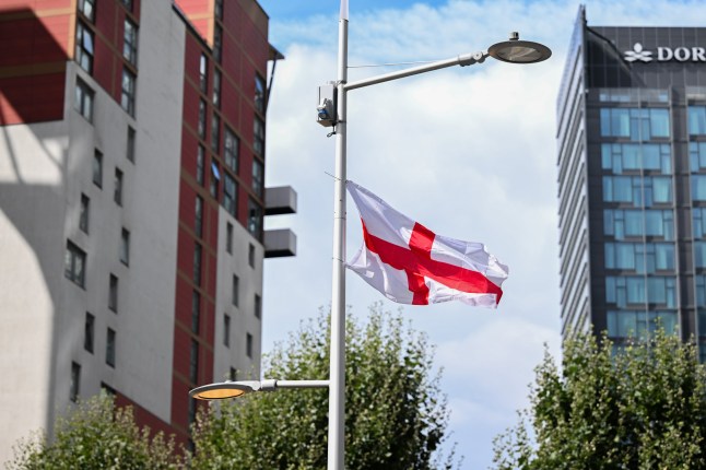 LONDON, UNITED KINGDOM - AUGUST 28: A view of British flags hung on poles as part of the 'Operation Raise the Colours' campaign in the Tower Hamlets area east of London, United Kingdom on August 28, 2025. The campaign is seen as a sign of patriotism by its supporters, while its opponents criticize it for carrying anti-immigrant messages. (Photo by Rasid Necati Aslim/Anadolu via Getty Images)