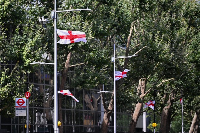 LONDON, UNITED KINGDOM - AUGUST 28: A view of British flags hung on poles as part of the 'Operation Raise the Colours' campaign in the Tower Hamlets area east of London, United Kingdom on August 28, 2025. The campaign is seen as a sign of patriotism by its supporters, while its opponents criticize it for carrying anti-immigrant messages. (Photo by Rasid Necati Aslim/Anadolu via Getty Images)
