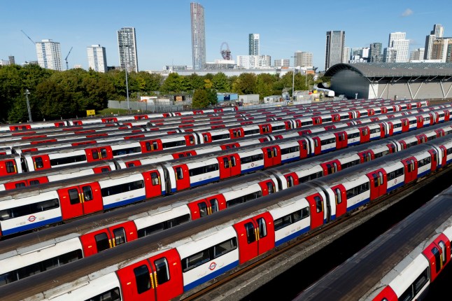epa12364099 An aerial picture taken with a drone shows London Underground tube trains parked at Stratford Market Depot as the second day of the Tube strike keeps nearly all of London's Underground and DLR services shut in London, Britain, 09 September 2025. Members of the Rail, Maritime And Transport union (RMT) are staging a four-day walkout from 07 to 11 September after rejecting a 3.4 percent pay rise and demanding their 35-hour week be reduced to a 32-hour week to improve their working conditions. EPA/TOLGA AKMEN