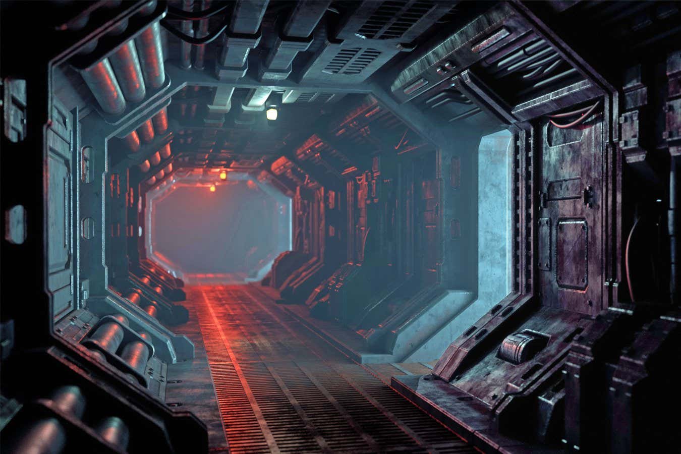A murky, industrial corridor in an abandoned spaceship