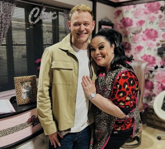 Lisa Riley with actor Macauley Cooper on the set of Emmerdale
