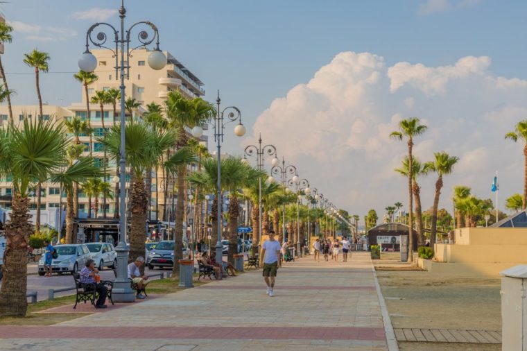 Larnaca Cyprus. 16 September 2019. A view of Finikoudes beach promenade in larnaca in Cyprus
