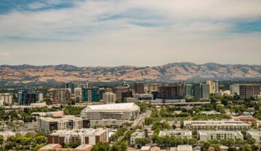 An aerial view of downtown San Jose California skyline taken 06-16-2021. San Jose is the core urban hub of high technology referred to as Silicon Valley.