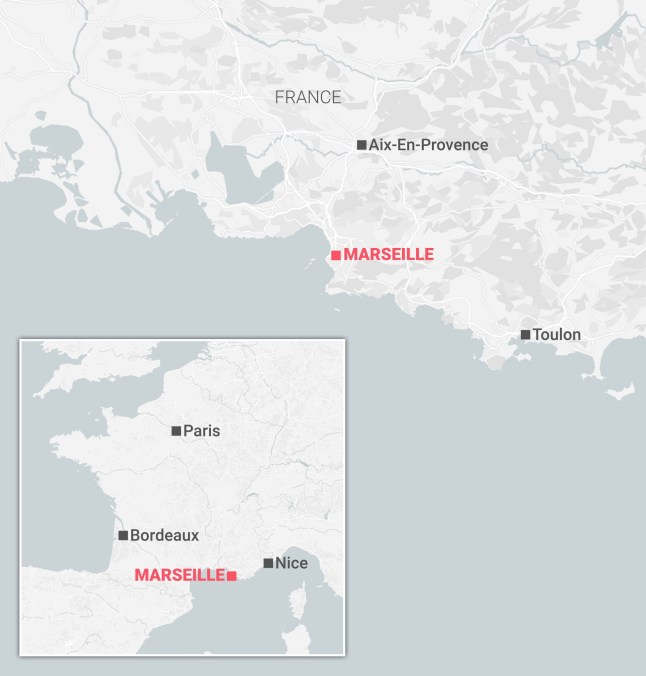 A map of France pinpointing Marseille, in the south