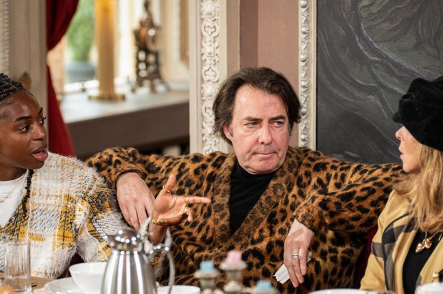 Jonathan Ross wears a leaopard print jacket at breakfast on Celebrity Traitors.