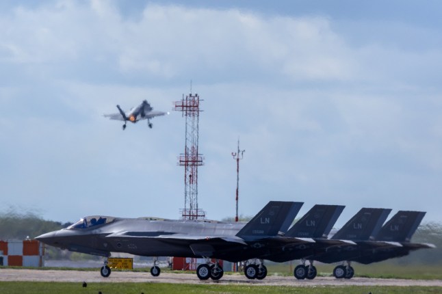 Mandatory Credit: Photo by Bav Media/Shutterstock (14442597v) US Air Force F-35 jets at RAF Lakenheath in Suffolk leaving on sorties on Monday morning as activity increased at the base amid growing tension between Israel and Iran. Increased USA military activity, Lakenheath, UK - 15 Apr 2024 There was increased activity at RAF Lakenheath in Suffolk today amid growing tension between Israel and Iran. F-15 Strike Eagles from the 494th Fighter Squadron shot down more than 70 Iranian drones on April 13. The world is waiting to see how Israel responds to an attack from Iran over the weekend and whether the conflict escalates. The US has currently said it is holding back but has military facilities in all six Gulf Arab states, as well as in Syria, Iraq and Jordan, and may get dragged into a region-wide war.