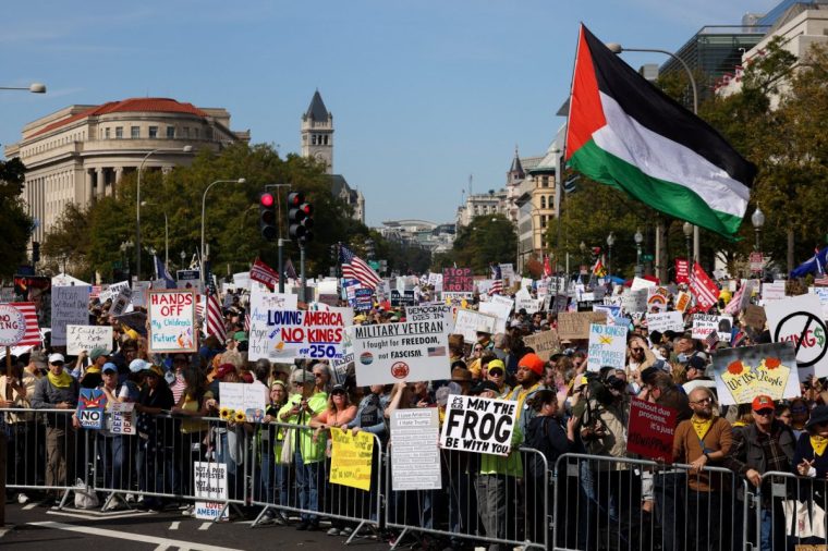Demonstrators gather during a "No Kings" protest against U.S. President Donald Trump's policies, in Washington, D.C., U.S., October 18, 2025. REUTERS/Kylie Cooper
