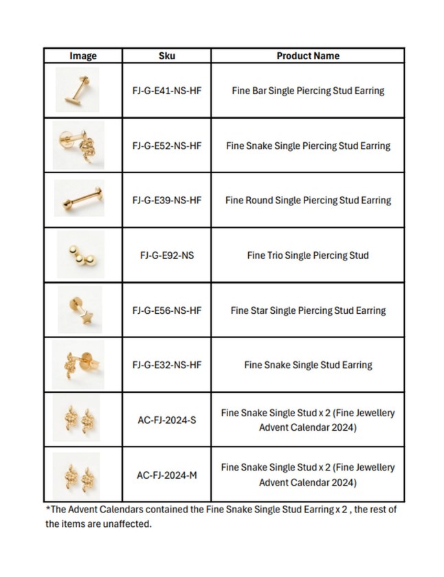 PIC FROM Kennedy News and Media (PICTURED: STUD EARRINGS RECALLED BY MISSOMA DUE TO HIGH LEVELS OF CANCER-CAUSING CHEMICAL) An 'It girl' jewellery brand beloved by celebs is urgently warning shoppers to stop wearing stud earrings they flogged - due to high levels of a CANCER-causing chemical. Jewellery brand Missoma issued an urgent product recall about eight different styles of gold stud earrings after discovering their cadmium content is greater than the maximum permissible limit. According to the Gov.uk website, cadmium accumulates in the body and can damage organs, even potentially causing cancer as it's deemed a category 1 carcinogen. DISCLAIMER: While Kennedy News and Media uses its best endeavours to establish the copyright and authenticity of all pictures supplied, it accepts no liability for any damage, loss or legal action caused by the use of images supplied and the publication of images is solely at your discretion. SEE KENNEDY NEWS COPY - 0161 697 4266