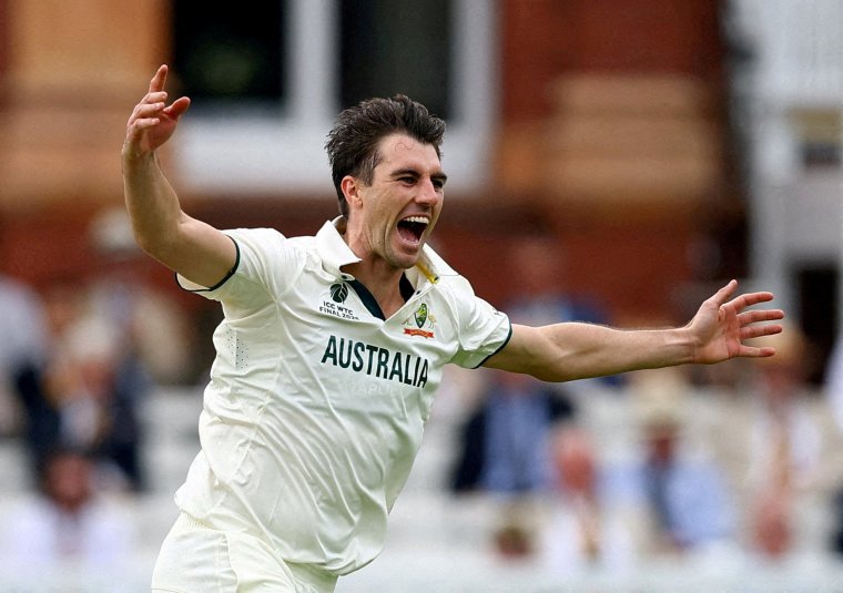 FILE PHOTO: Cricket - 2025 ICC World Test Championship Final - South Africa v Australia - Lord's Cricket Ground, London, Britain - June 12, 2025 Australia's Pat Cummins celebrates after taking the wicket of South Africa's Temba Bavuma, caught out by Marnus Labuschagne Action Images via Reuters/Andrew Boyers/File Photo