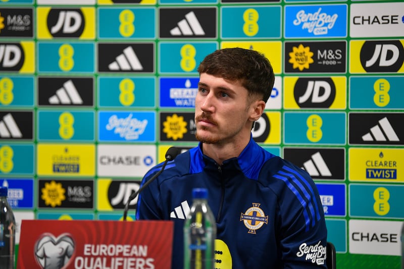Trai Hume during the media conference ahead of Northern Ireland v Germany at the Clearer Twist Stadium at Windsor Park.