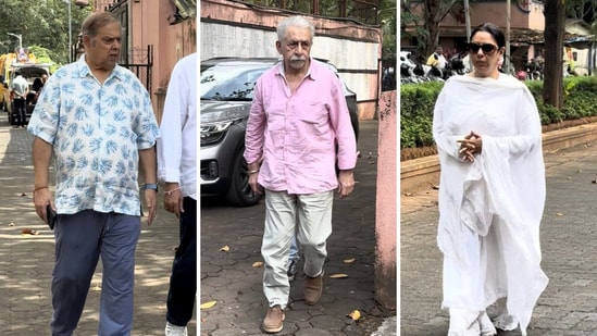 David Dhawan, Naseruddin Shah, and Rupali Ganguly at Satish Shah's funeral. David Dhawan, Naseruddin Shah, and Rupali Ganguly at Satish Shah's funeral.