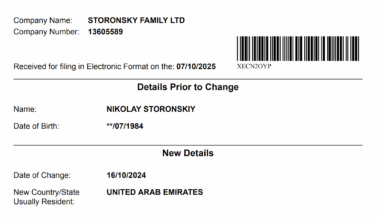 Companies House filing showing Nikolay Storonsky changing his residence from UK to UAE