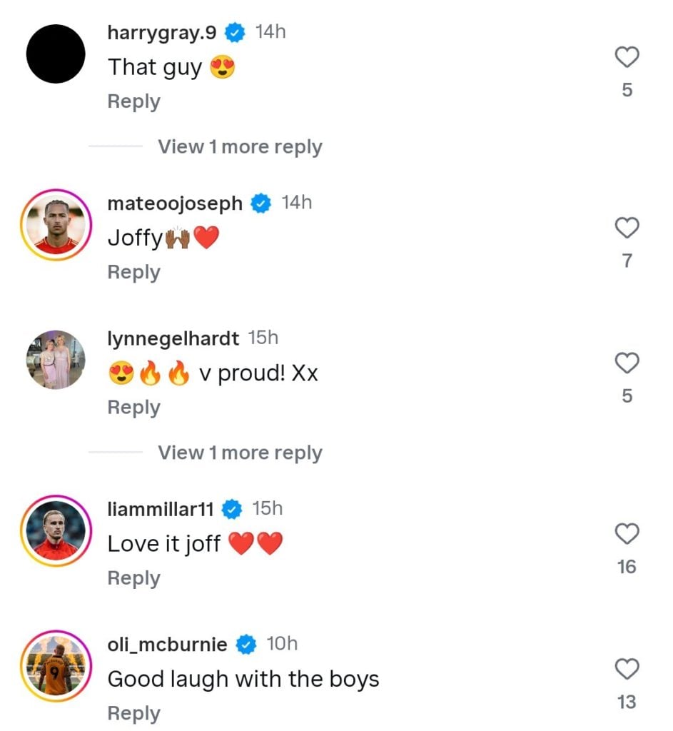 Screenshot of Harry Gray, Mateo Joseph and Ollie McBurnie commenting on Joe Gelhardt's instagram account