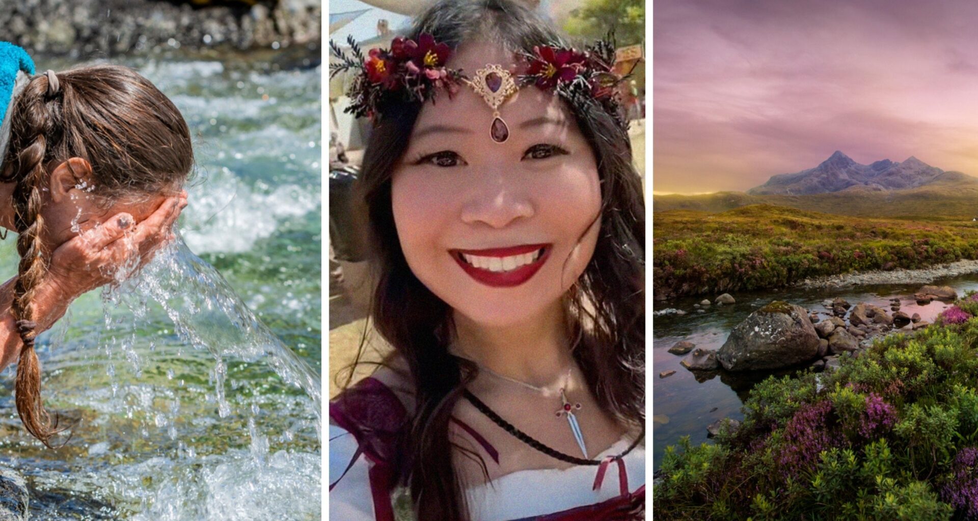 woman washing face (l) woman shares her adventures (c) scotland river (r)