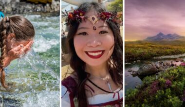 woman washing face (l) woman shares her adventures (c) scotland river (r)
