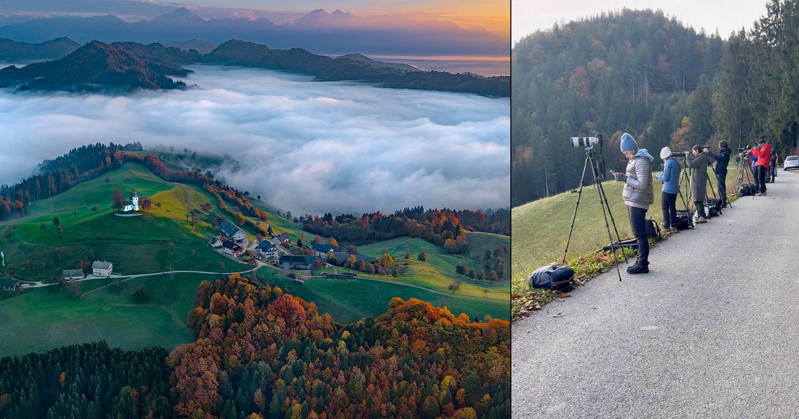 Aerial view of a village on green hills with autumn trees and low clouds; beside it, people with cameras and binoculars set up on a roadside, watching the landscape in cool weather.