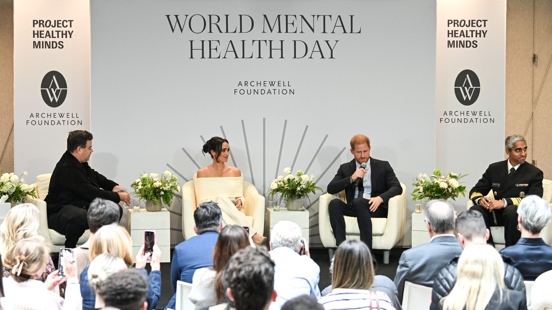 Meghan Markle and Prince Harry on stage with other speakers at The Archewell Foundation Parents&rsquo; Summit: Mental Wellness in the Digital Age in 2023