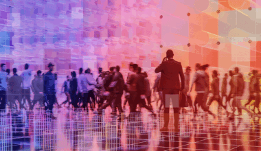 A crowd of people in a futuristic place, with one person in the foreground on the phone, for the Democratisation & Transparency theme in Private Markets 2030