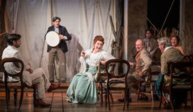 The Cast of The Seagull looking at each other jovially in the opening scene as they watch a performance