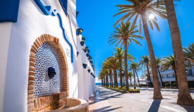 Whitewashed facades and rows of palm trees in Nerja, Spain