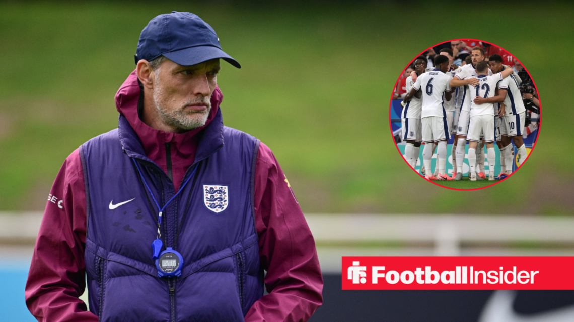 Thomas Tuchel at St George's Park, England player huddling in a circular inset
