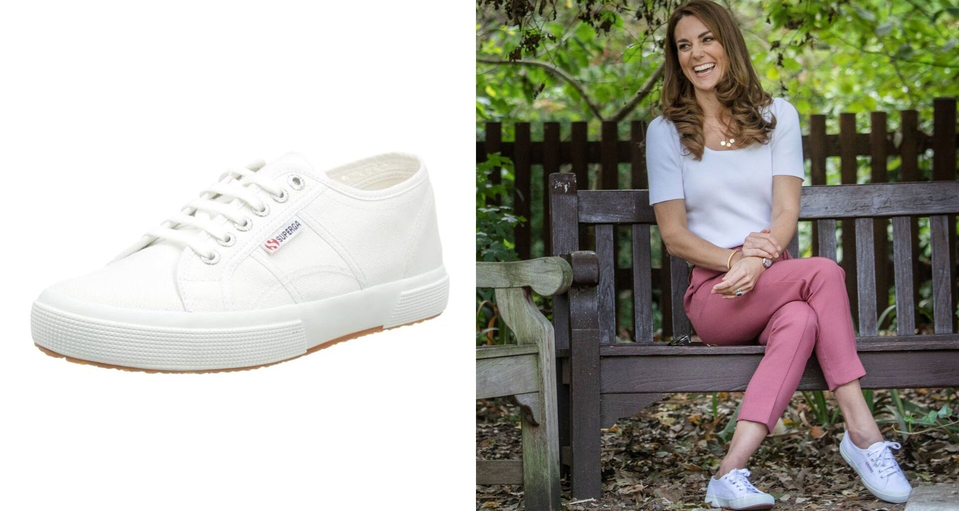 White Superga sneakers; Kate Middleton sitting on a bench in pink pants and a white top